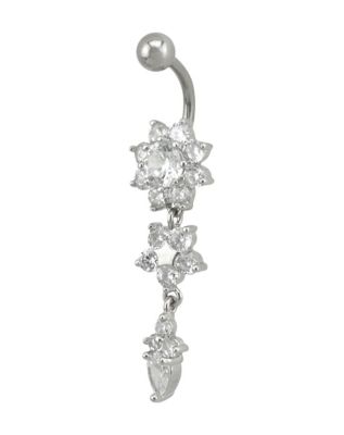 CZ Flower Dangle Belly Ring - 14 Gauge