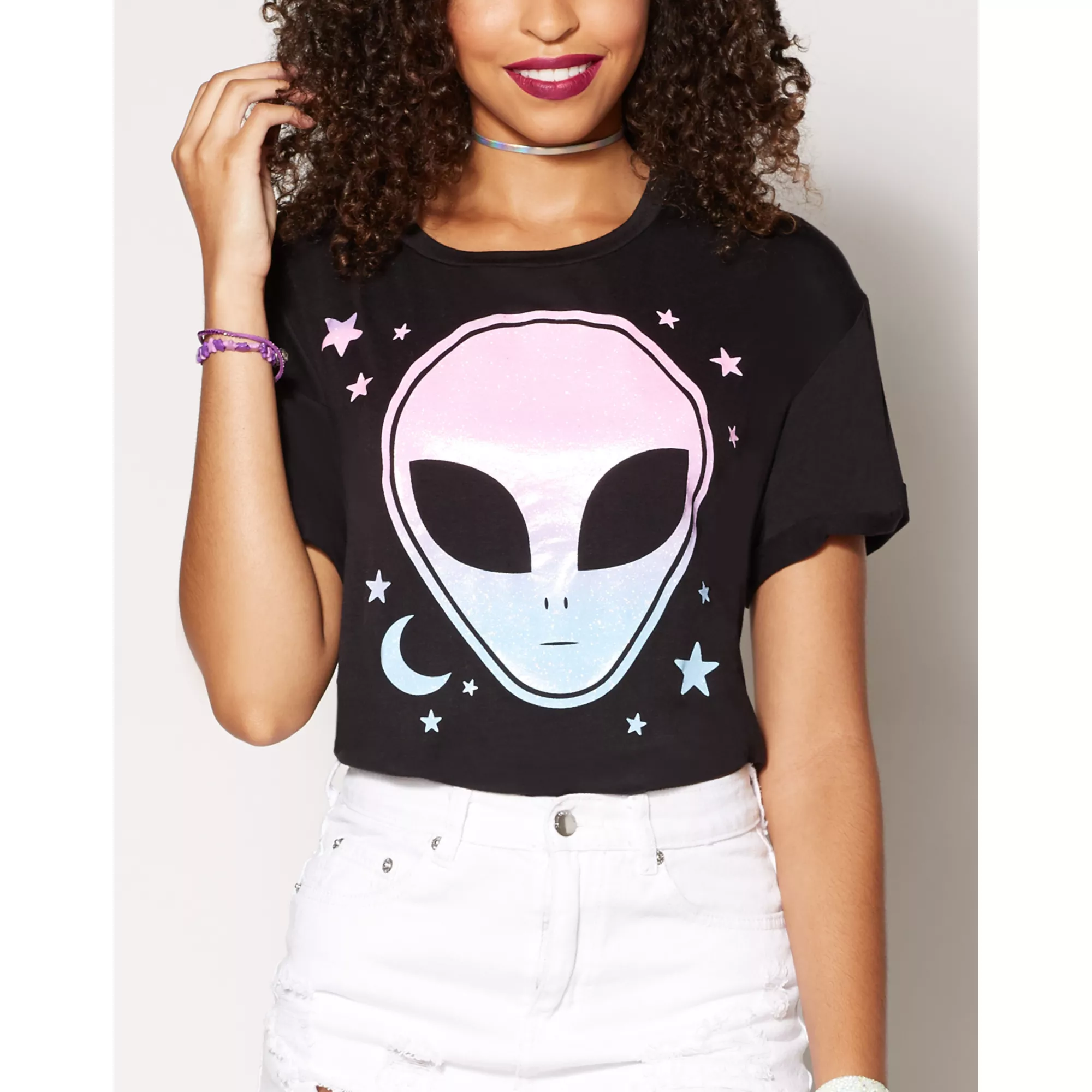 Stars and Moon Alien Crop T-Shirt at Spencer's