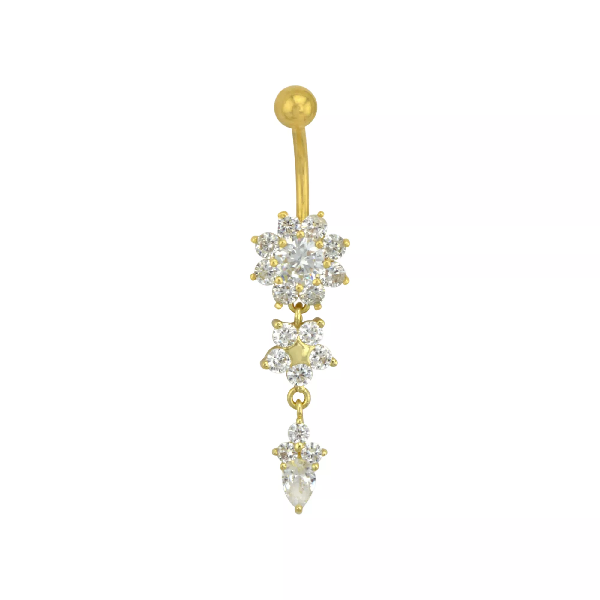 Goldtone CZ Flower Dangle Belly Ring - 14 Gauge