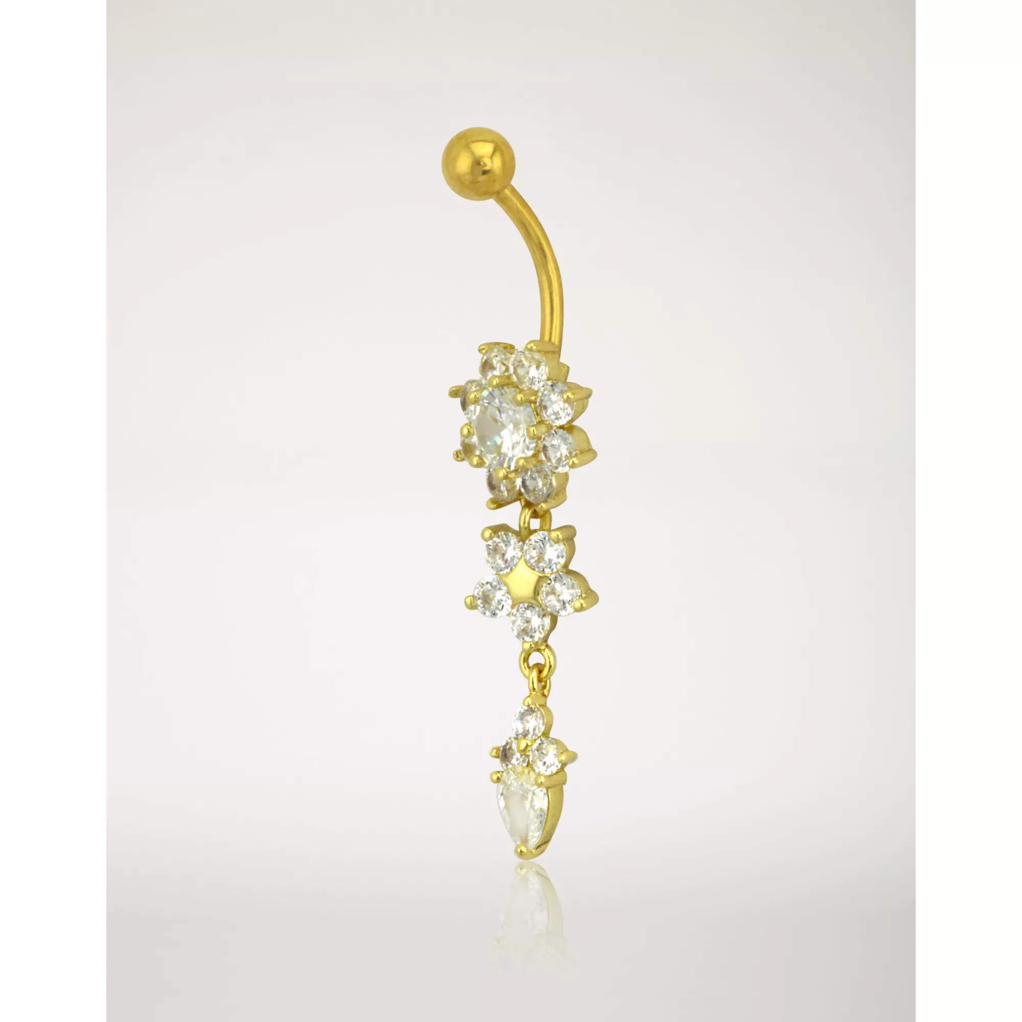 Goldtone CZ Flower Dangle Belly Ring - 14 Gauge