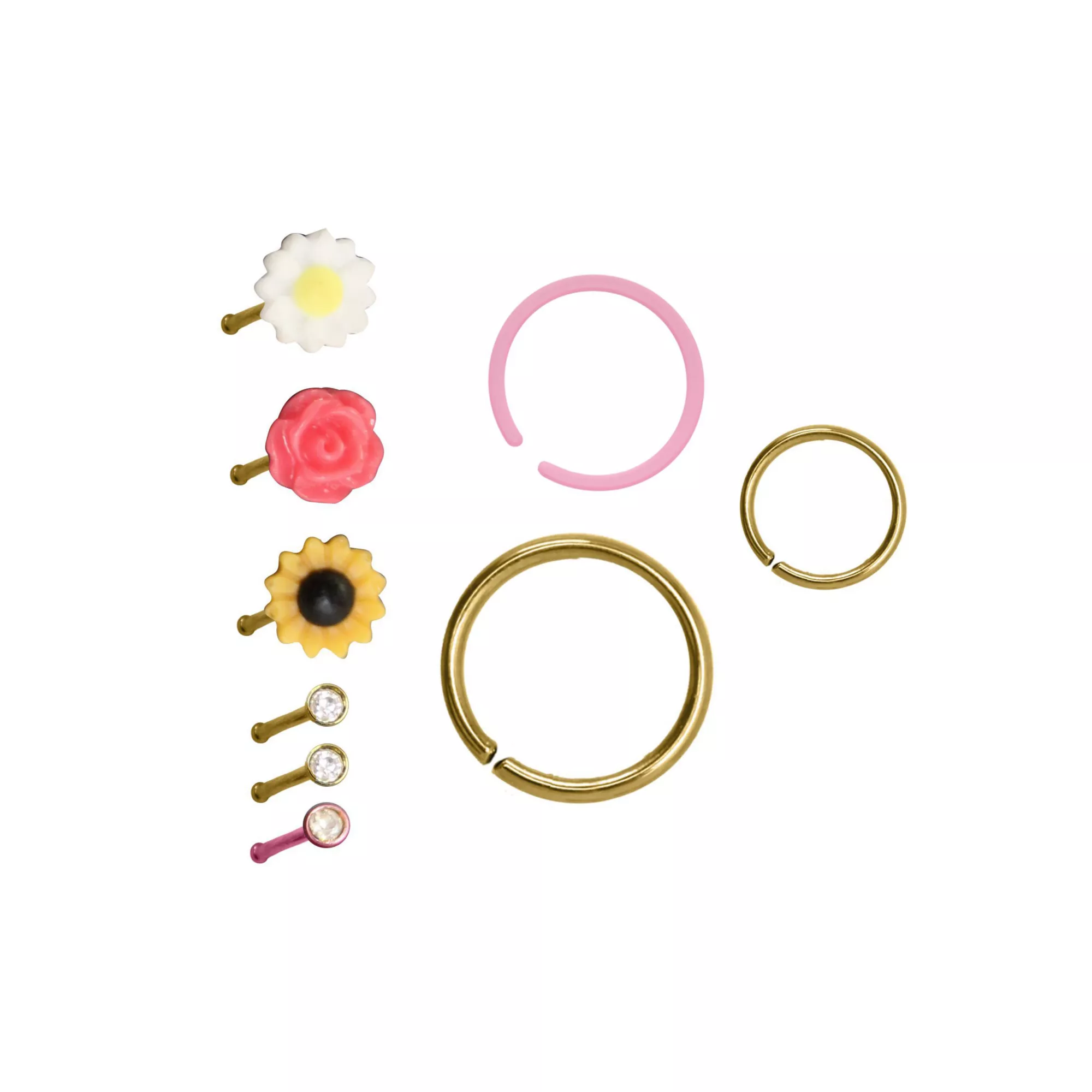Multi-Pack CZ Flower Stud Nose Rings and Hoop Nose Rings 9 Pack - 20 Gauge at Spencer's