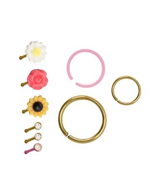 Multi-Pack CZ Flower Stud Nose Rings and Hoop Nose Rings 9 Pack - 20 Gauge