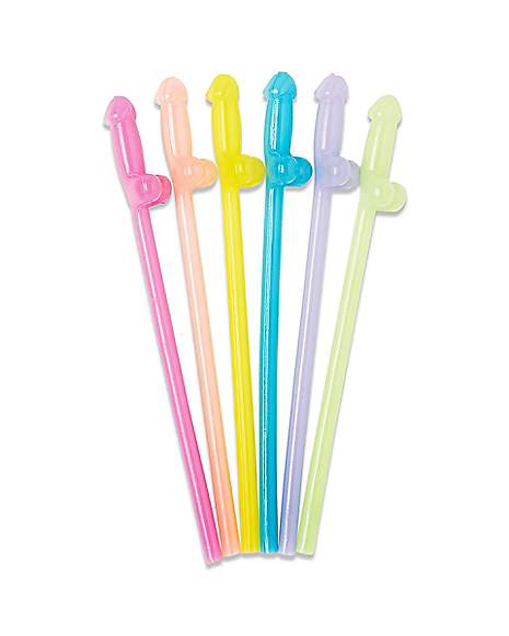 Glow In The Dark Rainbow Penis Straws - 6 Pack