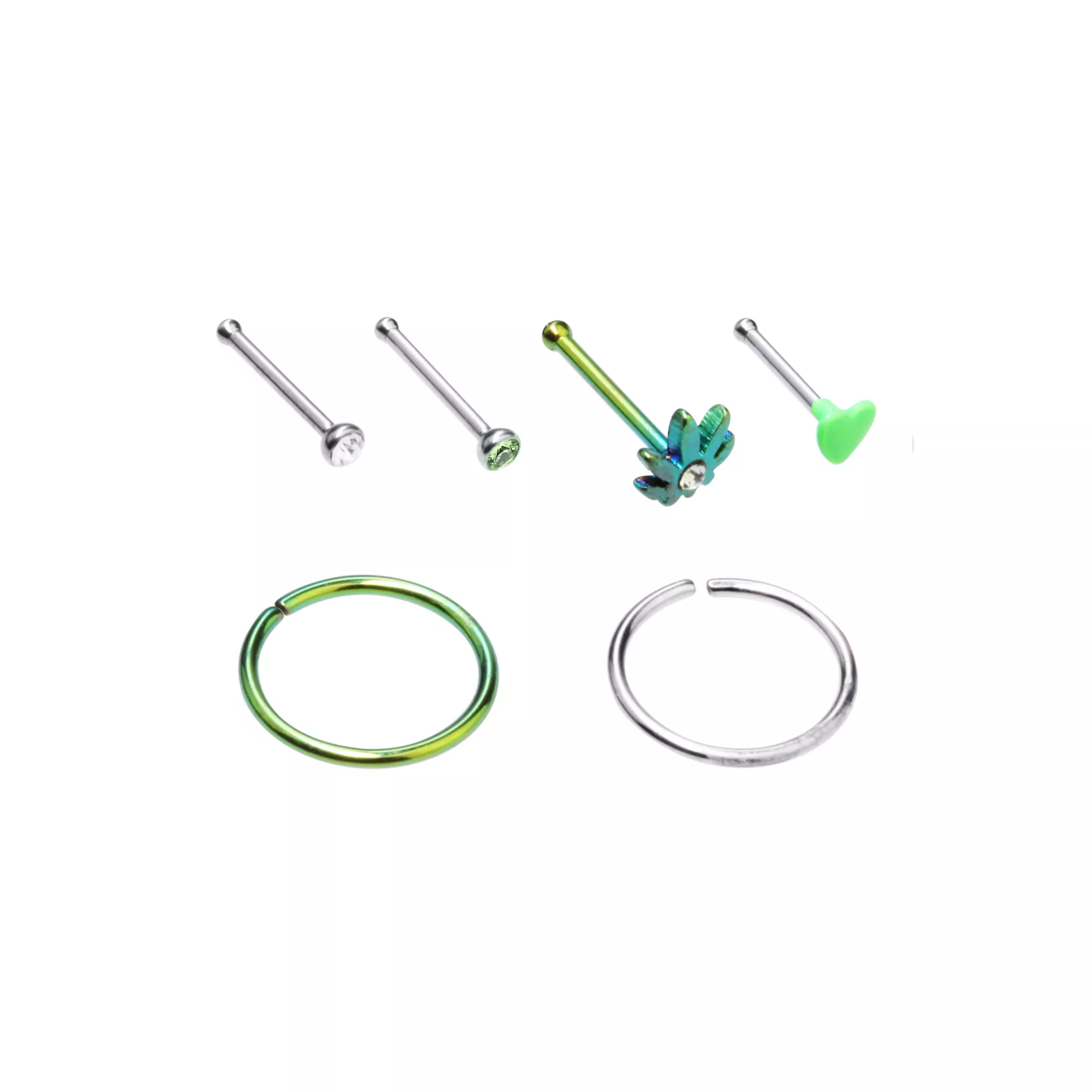 Multi-Pack CZ Leaf Nose Pins and Hoop Nose Rings 6 Pack - 20 Gauge at Spencer's