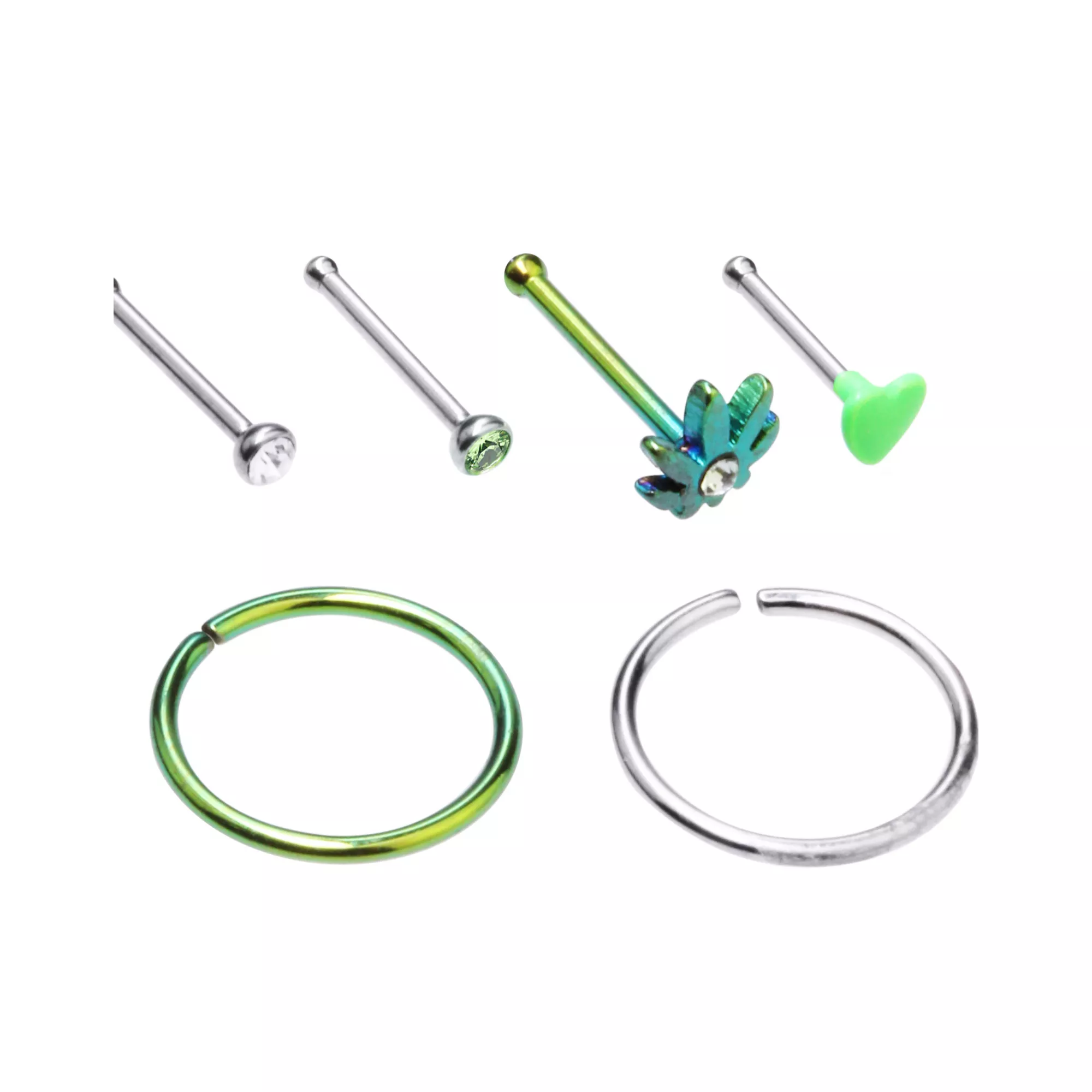 Multi-Pack CZ Leaf Nose Pins and Hoop Nose Rings 6 Pack - 20 Gauge at Spencer's