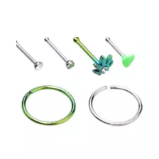 Multi-Pack CZ Leaf Nose Pins and Hoop Nose Rings 6 Pack - 20 Gauge at Spencer's