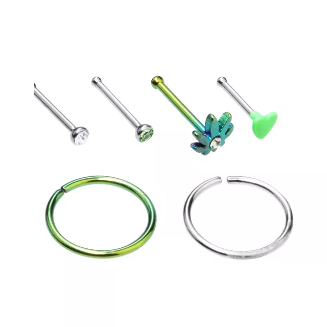 Multi-Pack CZ Leaf Nose Pins and Hoop Nose Rings 6 Pack - 20 Gauge at Spencer's