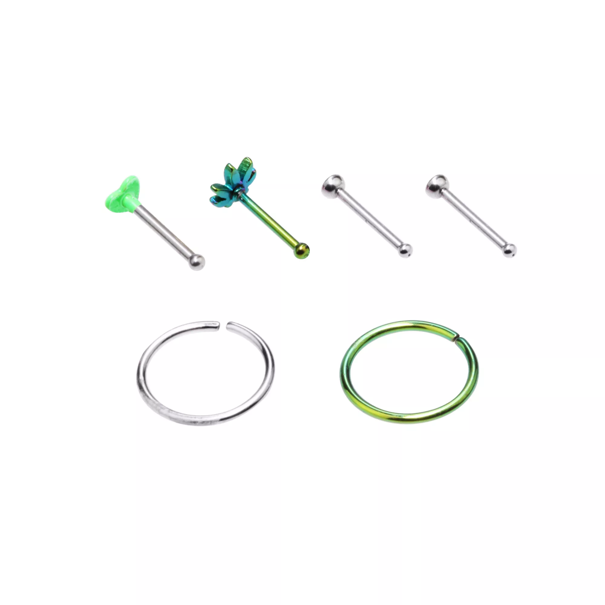Multi-Pack CZ Leaf Nose Pins and Hoop Nose Rings 6 Pack - 20 Gauge at Spencer's