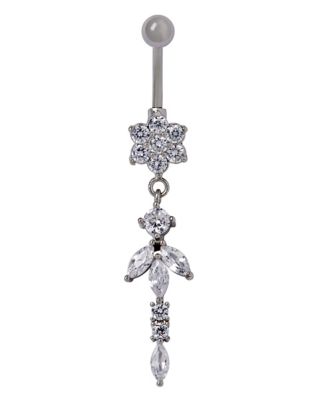 CZ Flower Dangle Belly Ring - 14 Gauge
