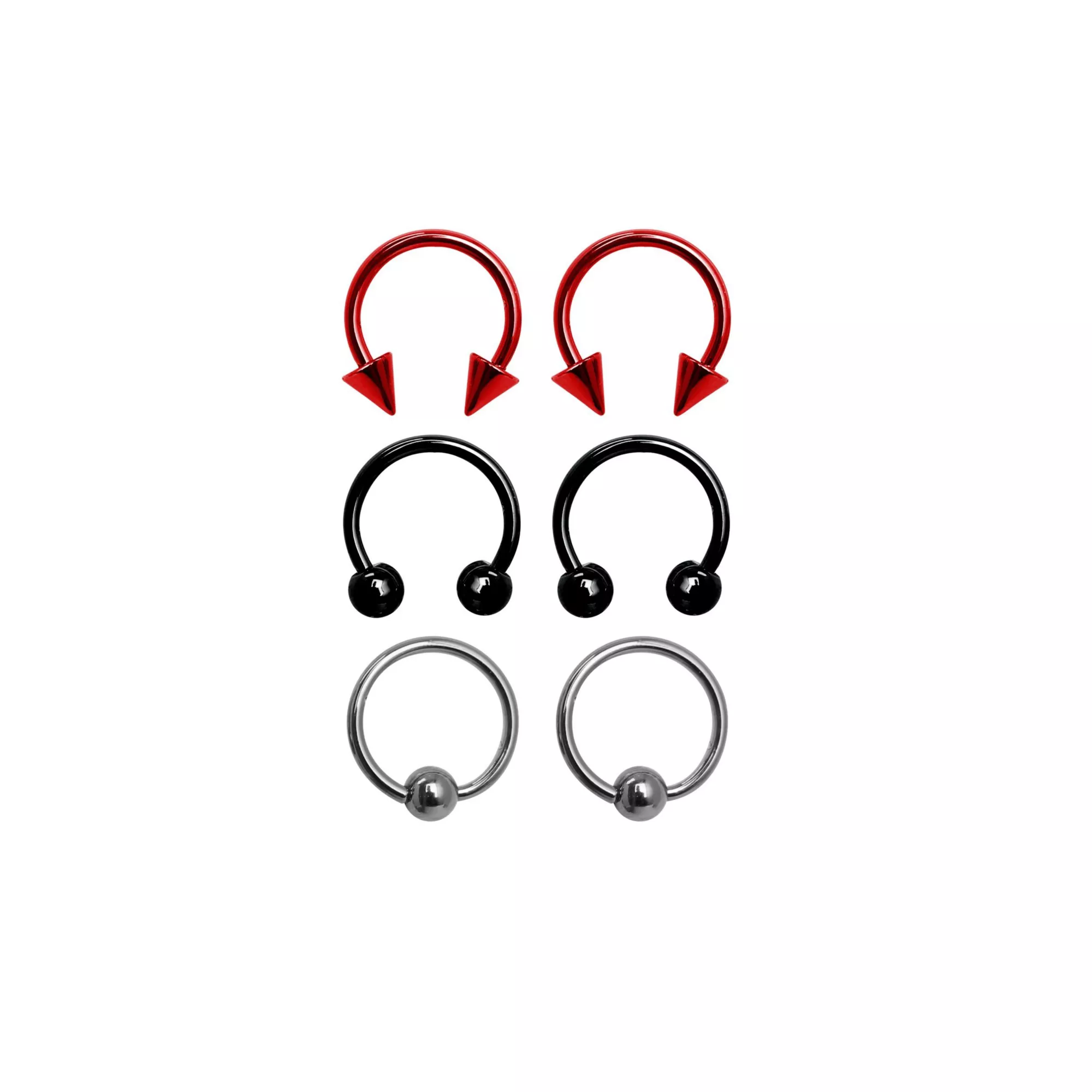 Multi-Pack Silvertone Red and Black Captive Bead Rings and Horseshoe Rings 6 Pack - 10 Gauge at Spencer's