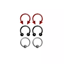 Multi-Pack Silvertone Red and Black Captive Bead Rings and Horseshoe Rings 6 Pack - 10 Gauge at Spencer's