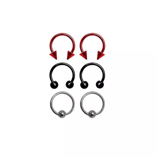 Multi-Pack Silvertone Red and Black Captive Bead Rings and Horseshoe Rings 6 Pack - 10 Gauge at Spencer's