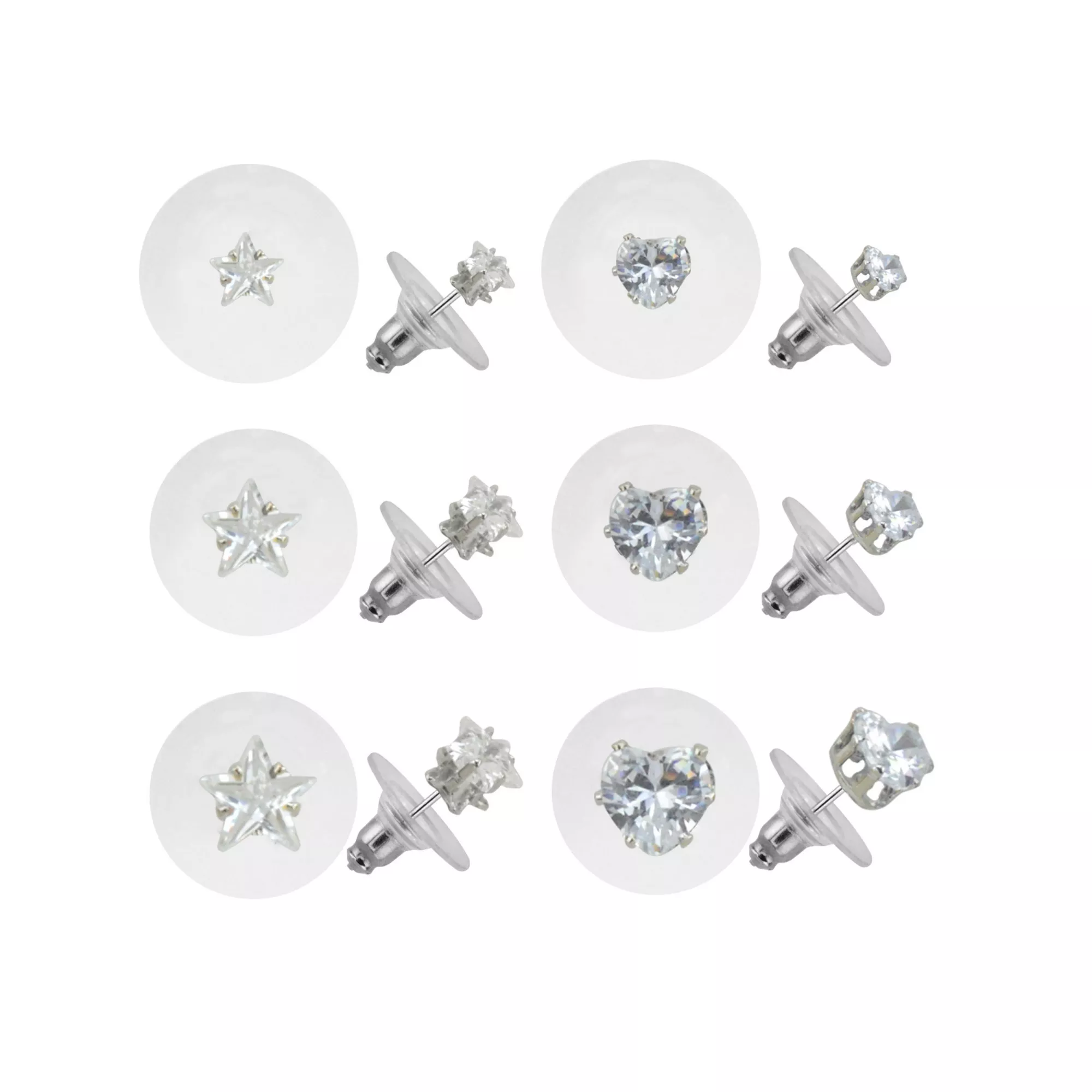 Multi-Pack CZ Stars and Heart Stud Earrings 6 Pair - 20 Gauge at Spencer's