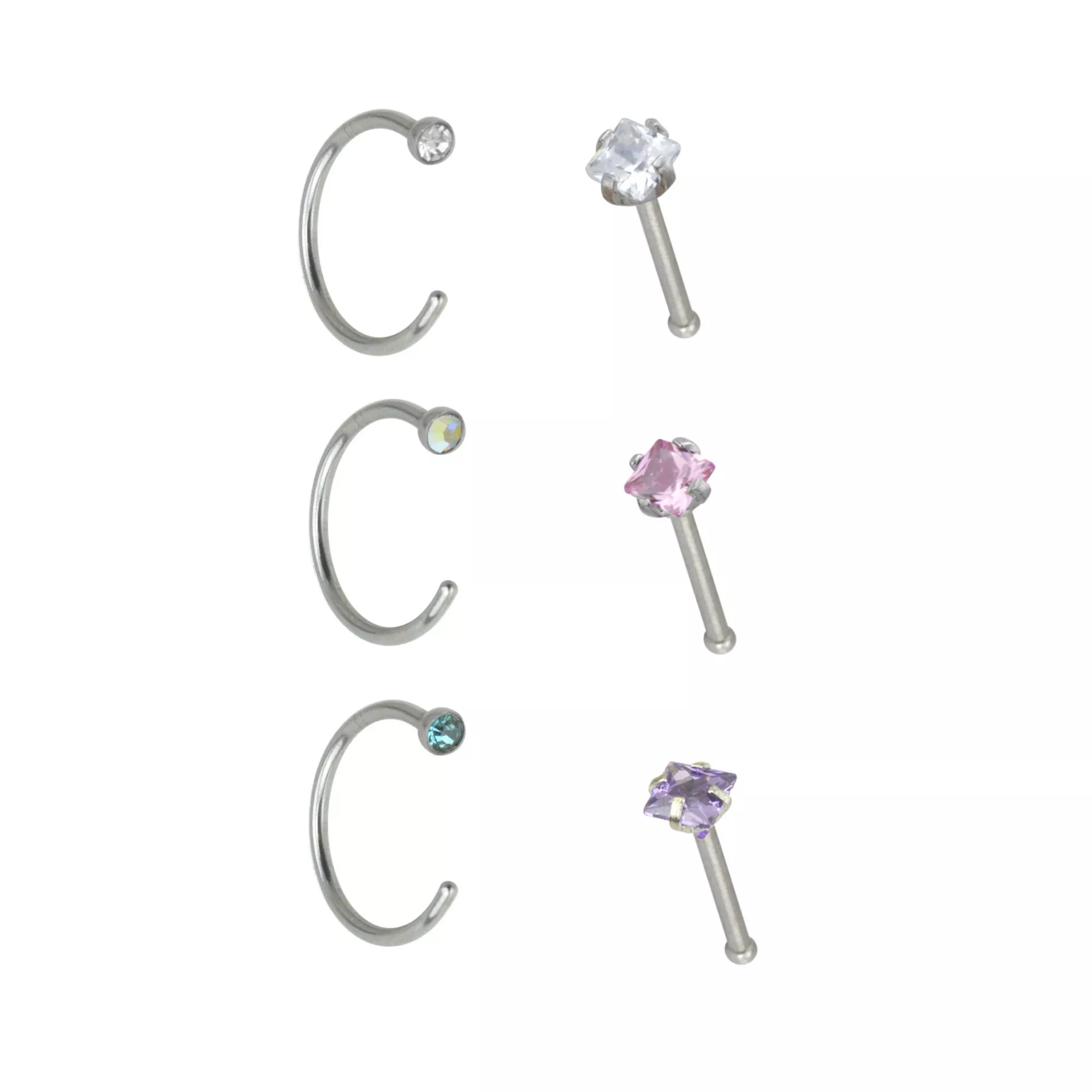 Multi-Pack CZ Hoop Nose Rings and Bone Nose Rings 6 Pack - 20 Gauge at Spencer's