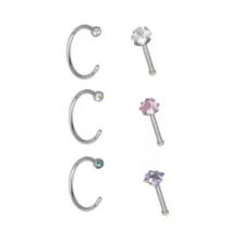Multi-Pack CZ Hoop Nose Rings and Bone Nose Rings 6 Pack - 20 Gauge at Spencer's