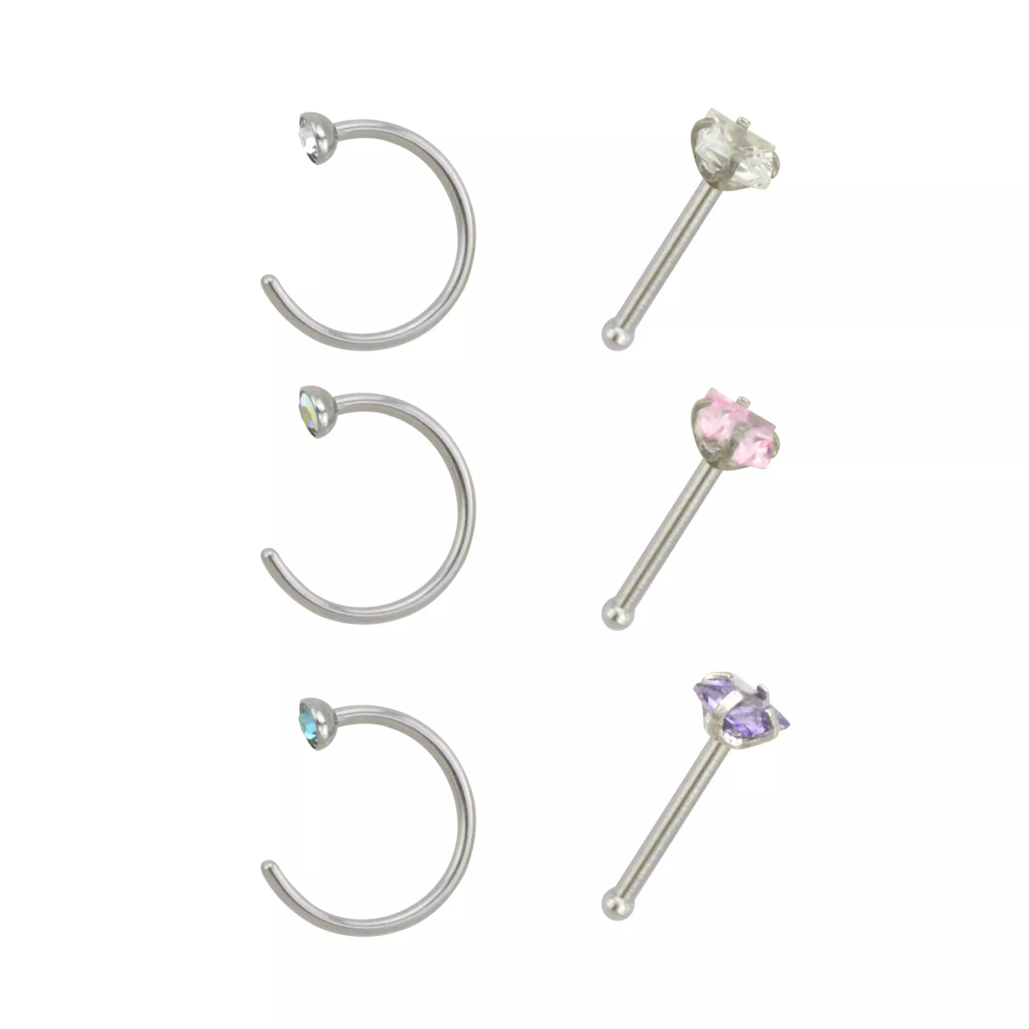 Multi-Pack CZ Hoop Nose Rings and Bone Nose Rings 6 Pack - 20 Gauge at Spencer's