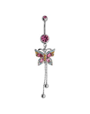 CZ Butterfly Dangle Belly Ring - 14 Gauge