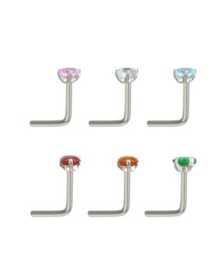 Multi-Pack Colored CZ L-Bend Nose Rings 6 Pack - 20 Gauge