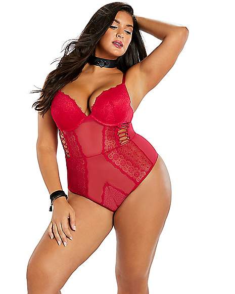 die Fighter Shinkan Plus Size Red Lace Mesh Bodysuit - Spencer's