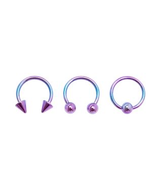 Teal and Purple Ombre Horseshoe Rings and Captive Rings 3 Pack - 16 Gauge