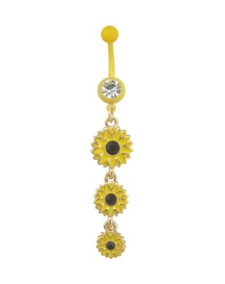 Yellow CZ Sunflower Dangle Belly Ring - 14 Gauge