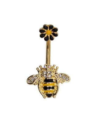 Goldtone CZ Flower Bumble Bee Belly Ring - 14 Gauge