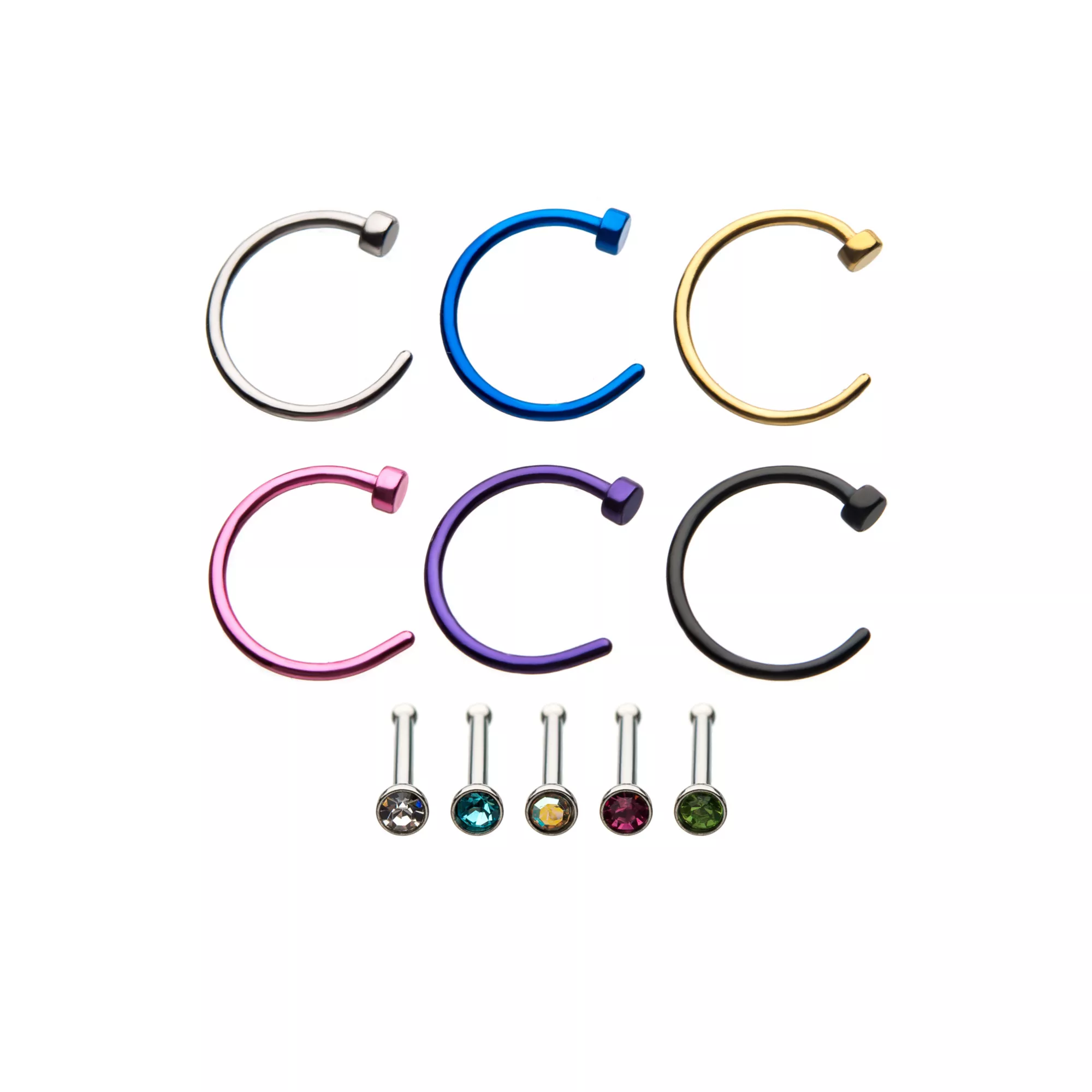Multi-Pack Colored Hoop Nose Rings and CZ Bone Nose Rings - 12 Pack