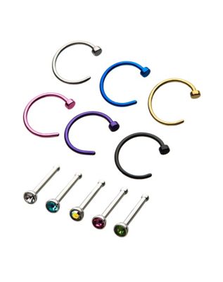 Multi-Pack Colored Hoop Nose Rings and CZ Bone Nose Rings 12 Pack - 20 Gauge