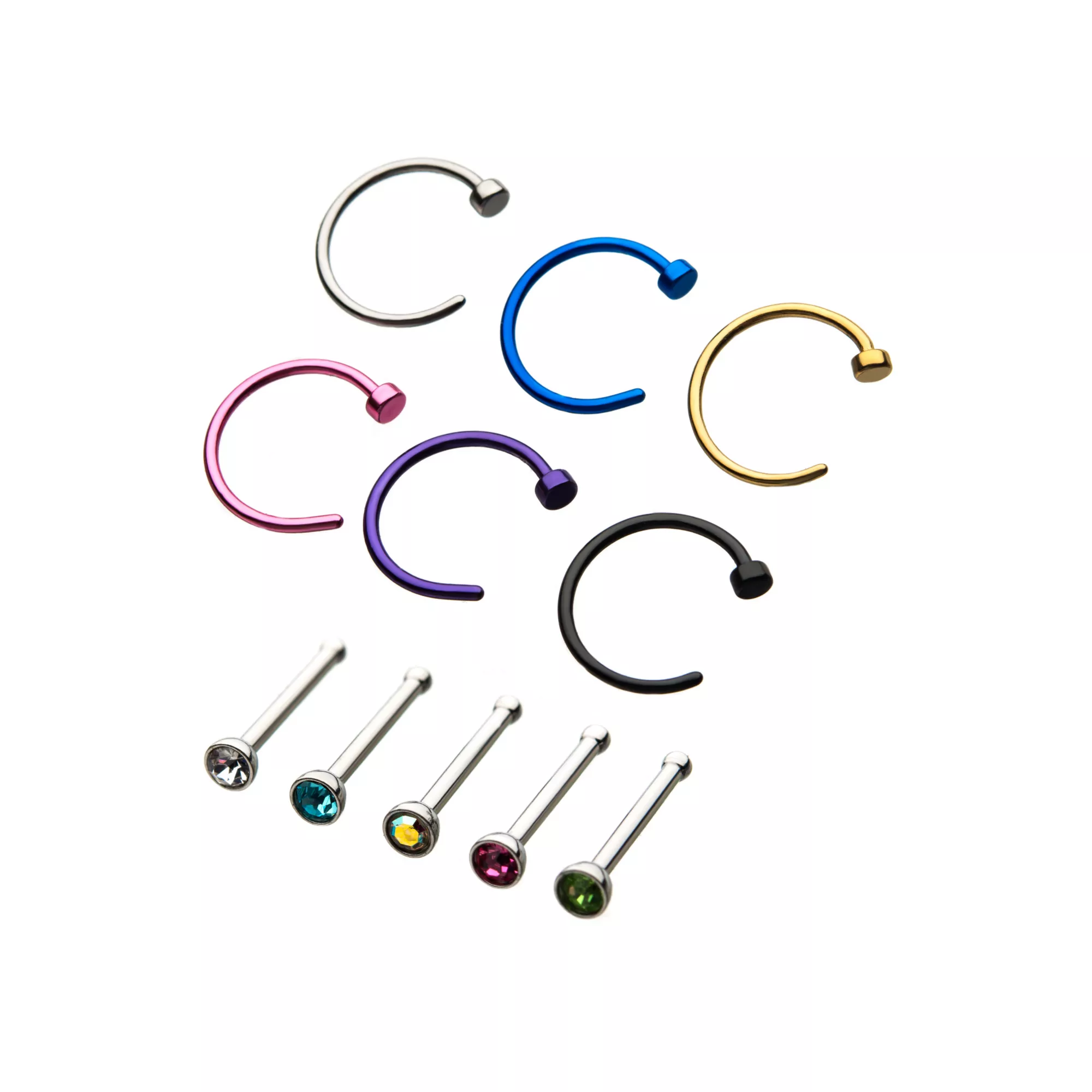 Multi-Pack Colored Hoop Nose Rings and CZ Bone Nose Rings - 12 Pack