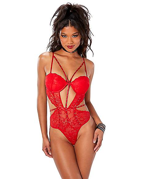 Strappy Red Lace Bodysuit