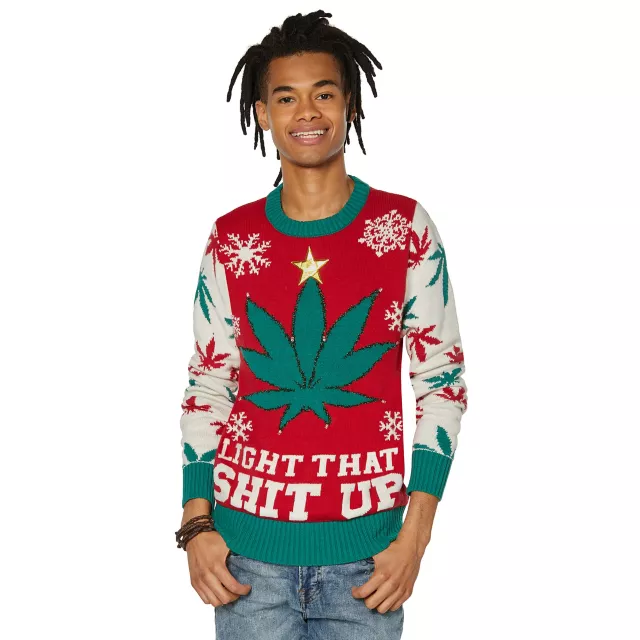 Light Up Weed Leaf Light That Shit Up Ugly Christmas Sweater Spencer s