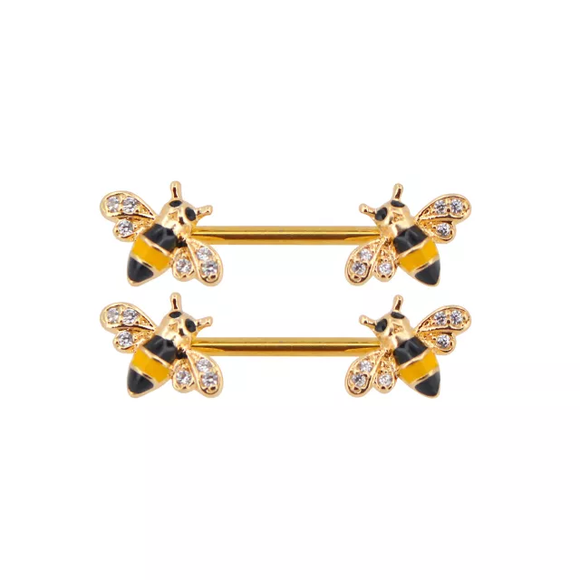 Goldtone Bumblebee CZ Nipple Barbell – 14 Gauge