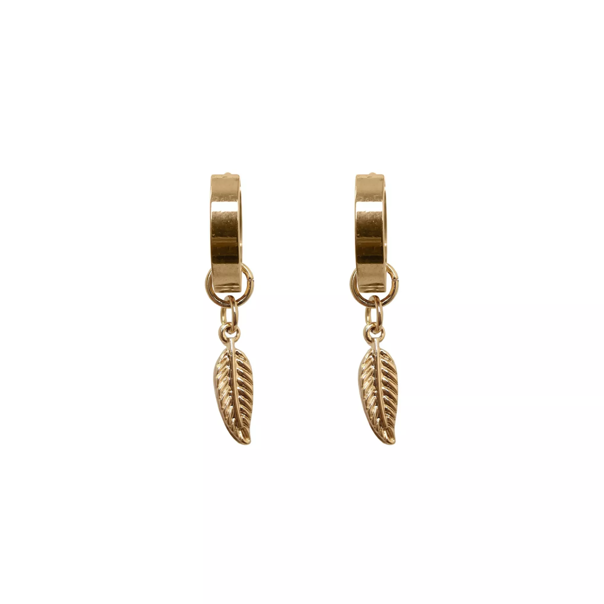 Goldtone Feather Dangle Huggie Earrings - 18 Gauge at Spencer's