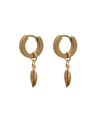 Goldtone Feather Dangle Huggie Earrings - 18 Gauge