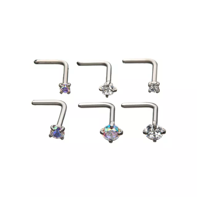 Multi-Pack CZ L-Bend Nose Rings 6 Pack - 20 Gauge