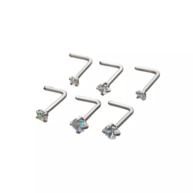 Multi-Pack CZ L-Bend Nose Rings 6 Pack - 20 Gauge