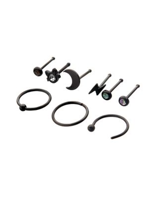 Multi-Pack CZ Cat Moon Nose Rings 9 Pack - 20 Gauge