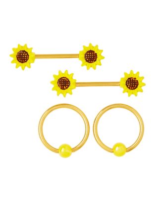 Multi-Pack Sunflower Nipple Barbells and Nipple Rings 2 Pair - 14 Gauge