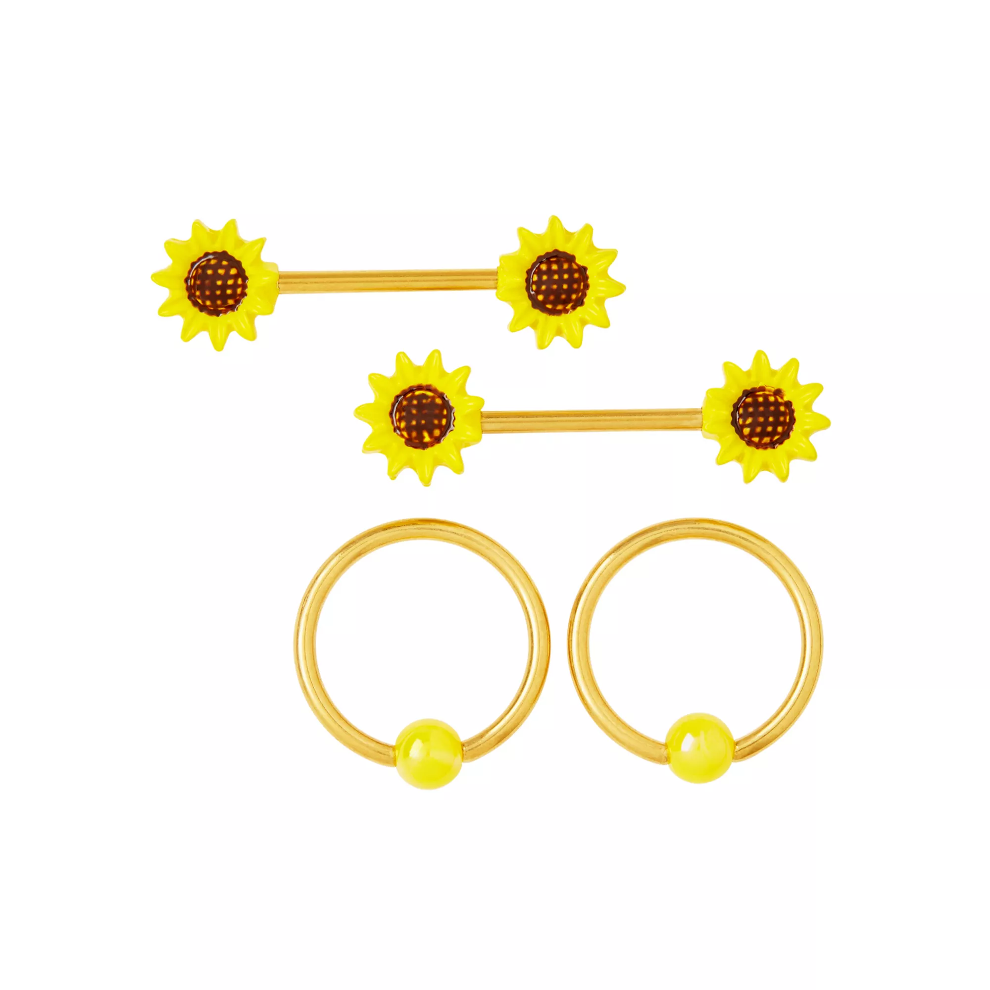 Multi-Pack Sunflower Nipple Barbells and Nipple Rings 2 Pair - 14 Gauge at Spencer's