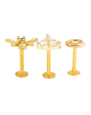 Multi-Pack Goldtone CZ Bee Cartilage Earrings 3 Pack - 16 Gauge
