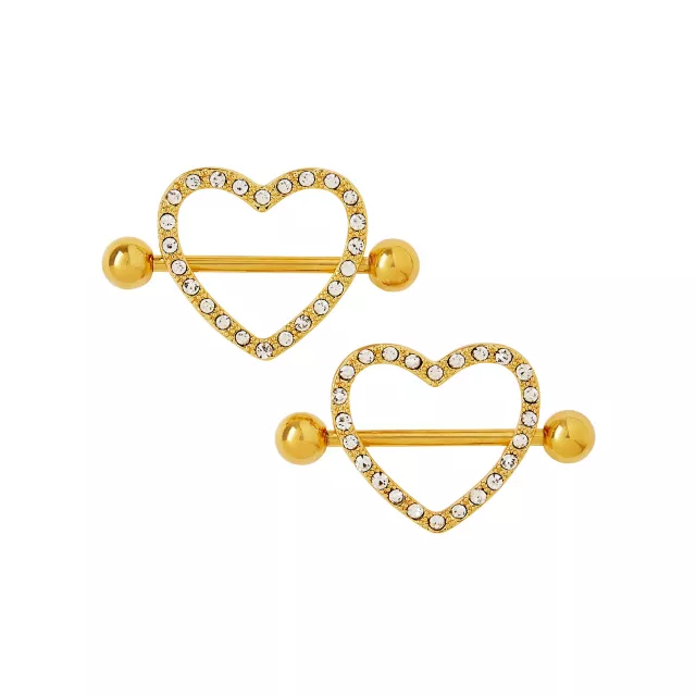 Goldtone CZ Heart Nipple Shields - 14 Gauge at Spencer's