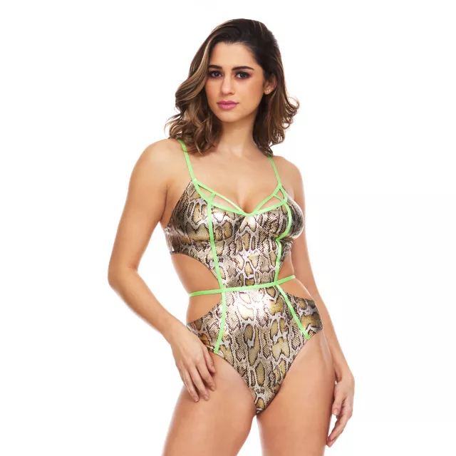 Snakeskin Bodysuit with Neon Strapping at Spencer's