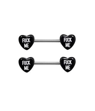 Heart Fuck Me Nipple Barbells - 14 Gauge