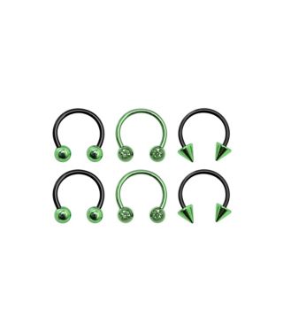 Multi-Pack Ombre Black and Green Horseshoe and Captive Rings 6 Pack - 16 Gauge