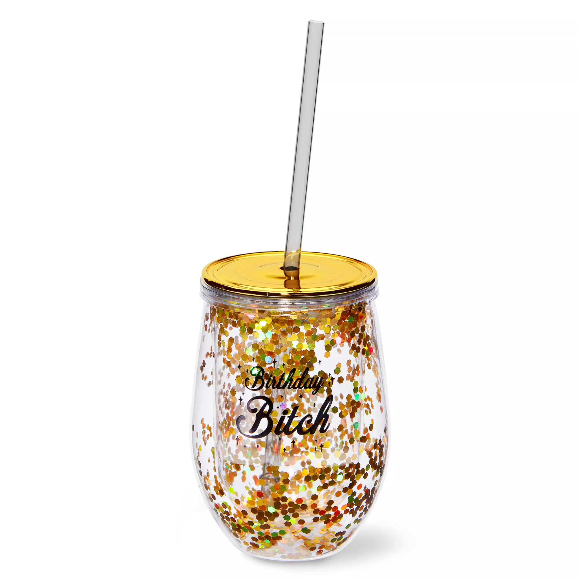 Birthday Bitch Glitter Cup with Straw at Spencer's
