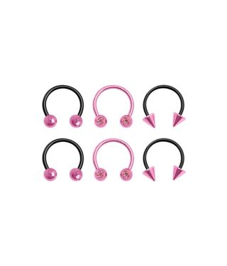 Black and Pink Horseshoe Rings 3 Pair - 16 Gauge