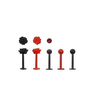 Multi-Pack Black and Red Rose Labret Lip Rings 5 Pack - 16 Gauge