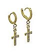CZ Goldtone Cross Dangle Huggie Hoop Earrings - 18 Gauge