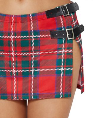 Red Plaid School Girl Skirt with Slit