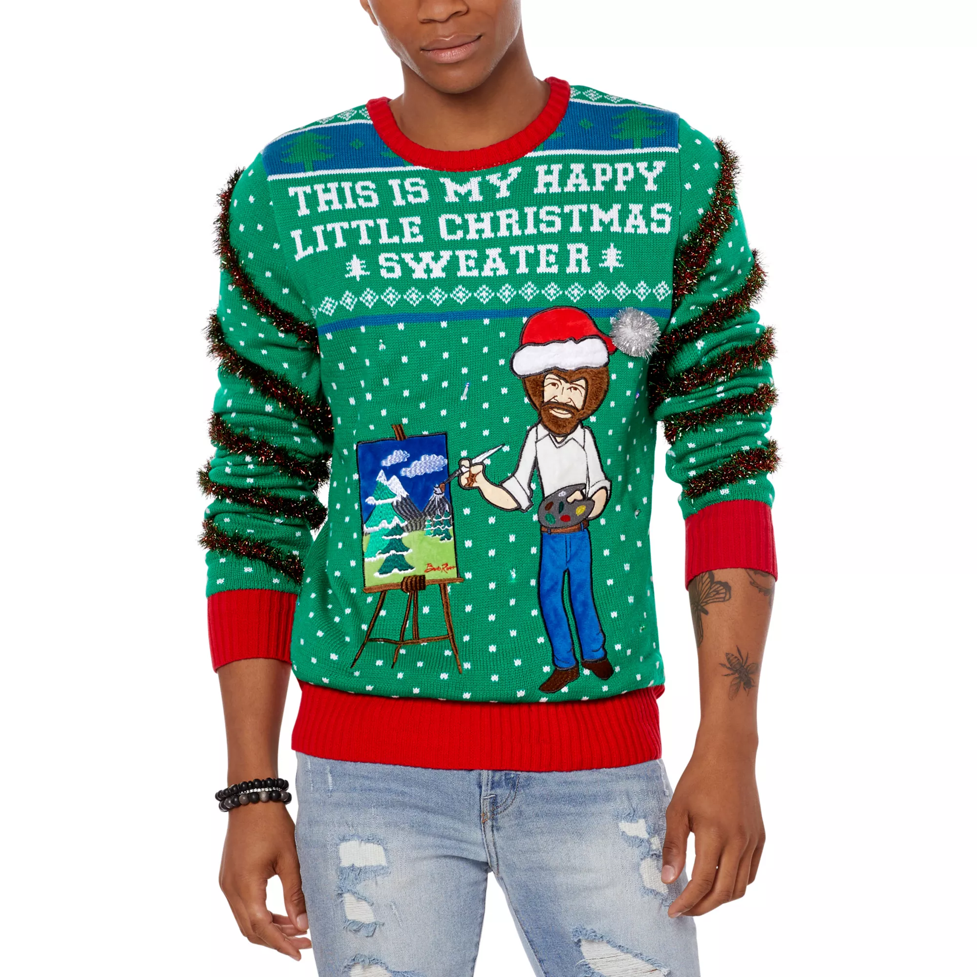 Light-Up Bob Ross Happy Little Christmas Ugly Sweater